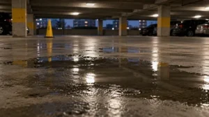 A wet parking garage floor creates a slip hazard in Lancaster.